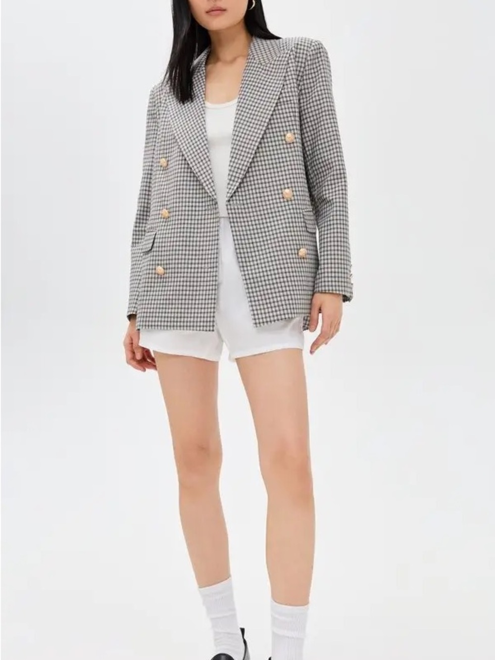 Plaid Double-Breasted Blazer Jacket - Gray/Brown/Blue